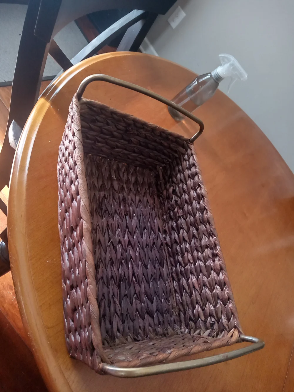 Vintage Brown Woven Rectangular Storage Basket with Metal Handles